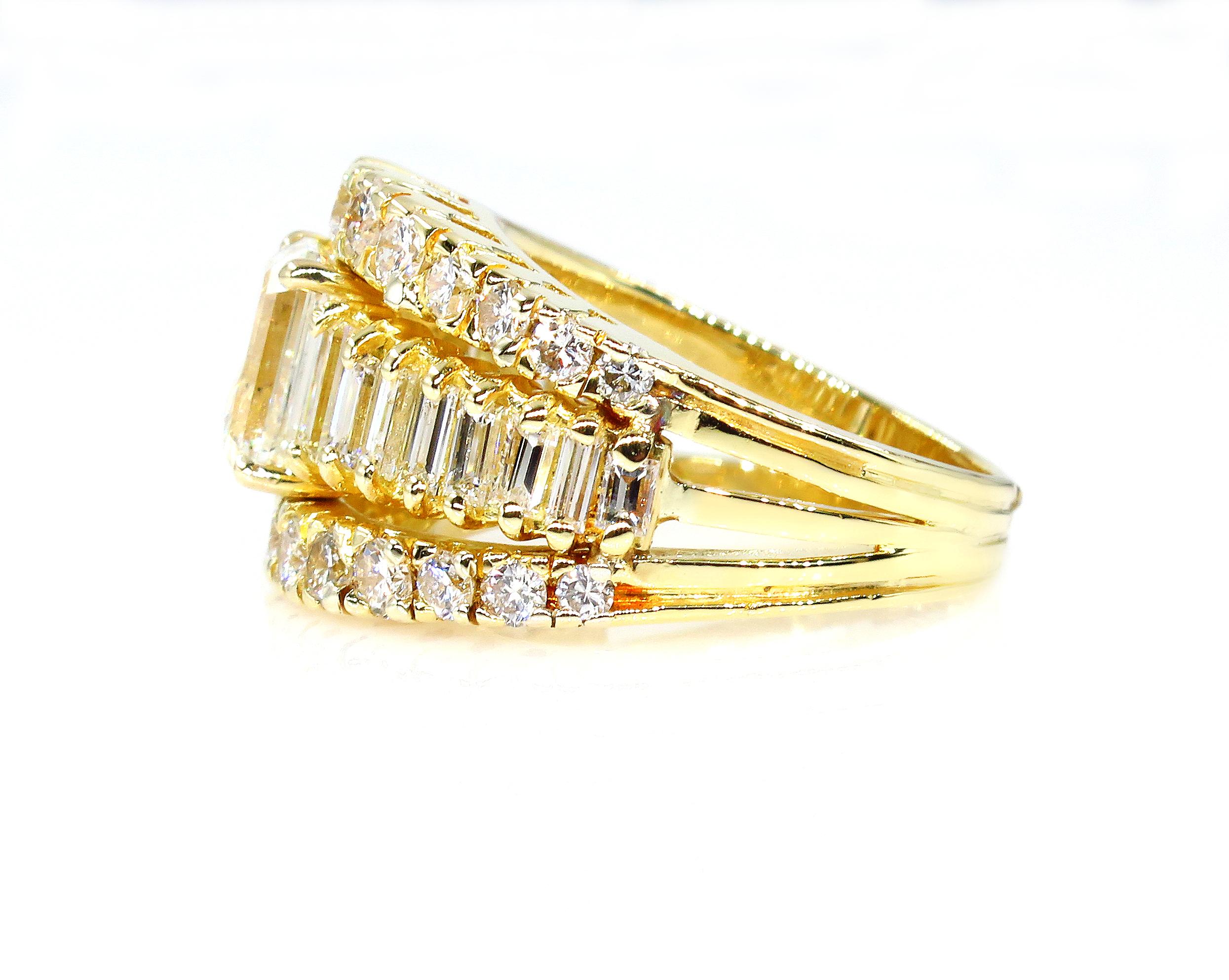 GIA 4.0 Carat Emerald Cut Diamond Vintage Triple Band Yellow Gold Ring In Good Condition In New York, NY