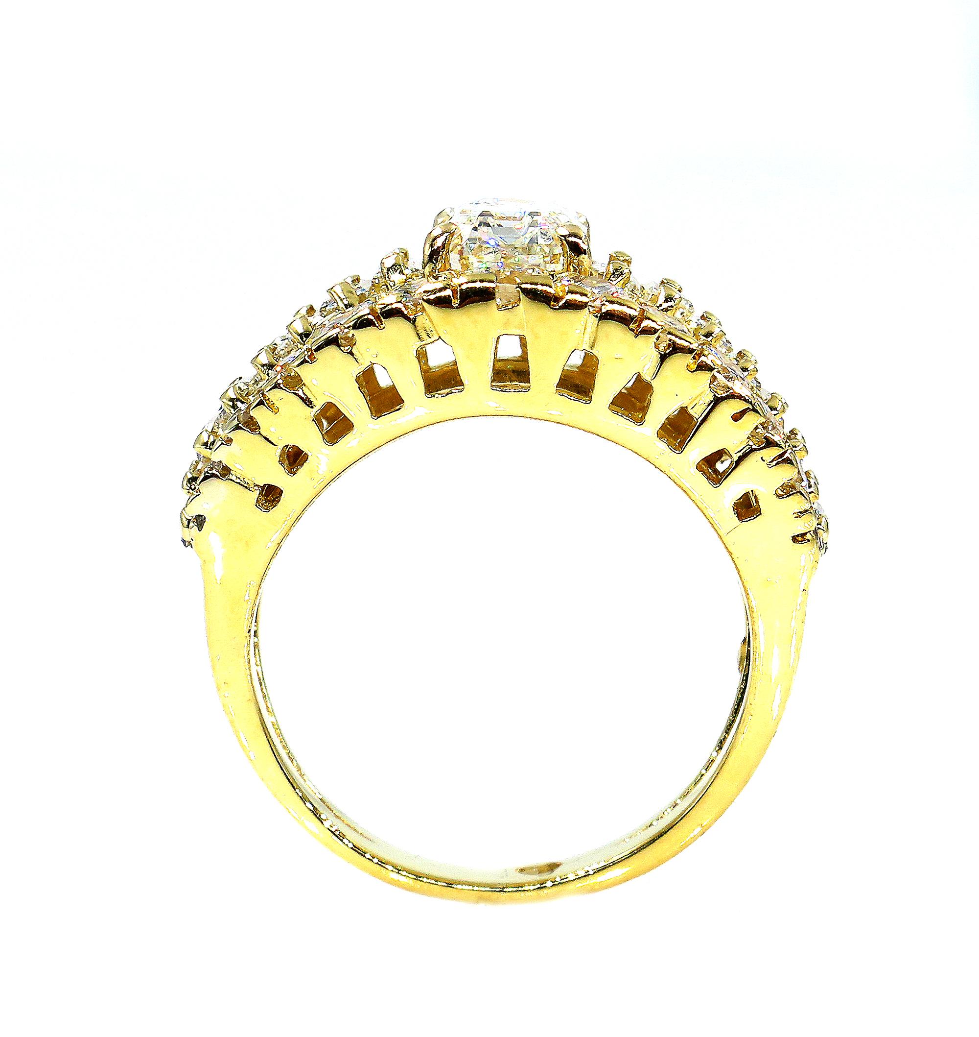 Women's or Men's GIA 4.0 Carat Emerald Cut Diamond Vintage Triple Band Yellow Gold Ring
