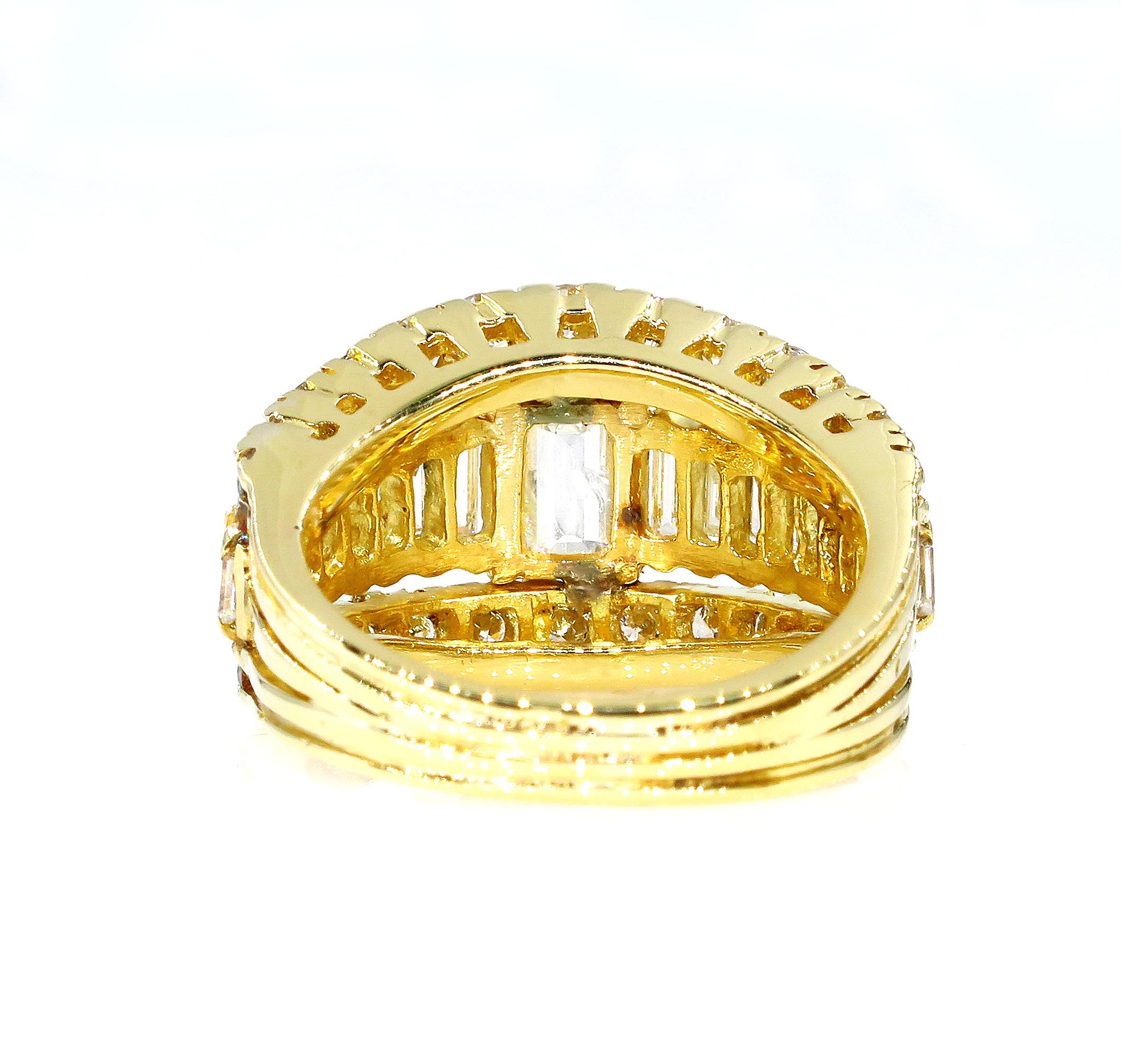 GIA 4.0 Carat Emerald Cut Diamond Vintage Triple Band Yellow Gold Ring 1