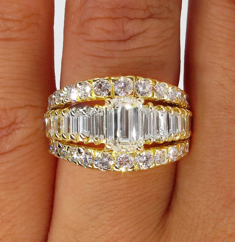 GIA 4.0 Carat Emerald Cut Diamond Vintage Triple Band ...