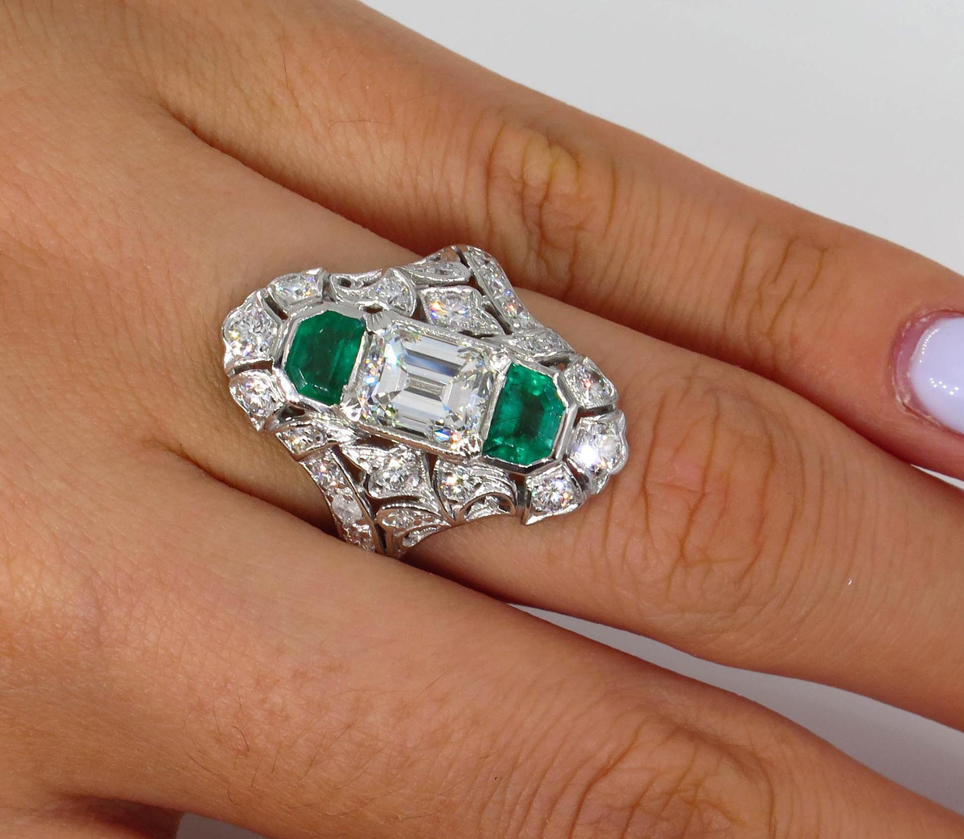 GIA 4.0 Carat Emerald Cut Diamond and Green Emeralds Platinum Art Nouveau Ring 6