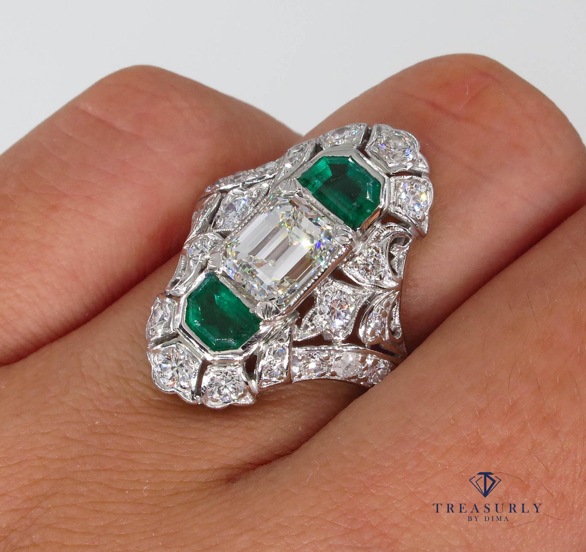 GIA 4.0 Carat Emerald Cut Diamond and Green Emeralds Platinum Art Nouveau Ring 7