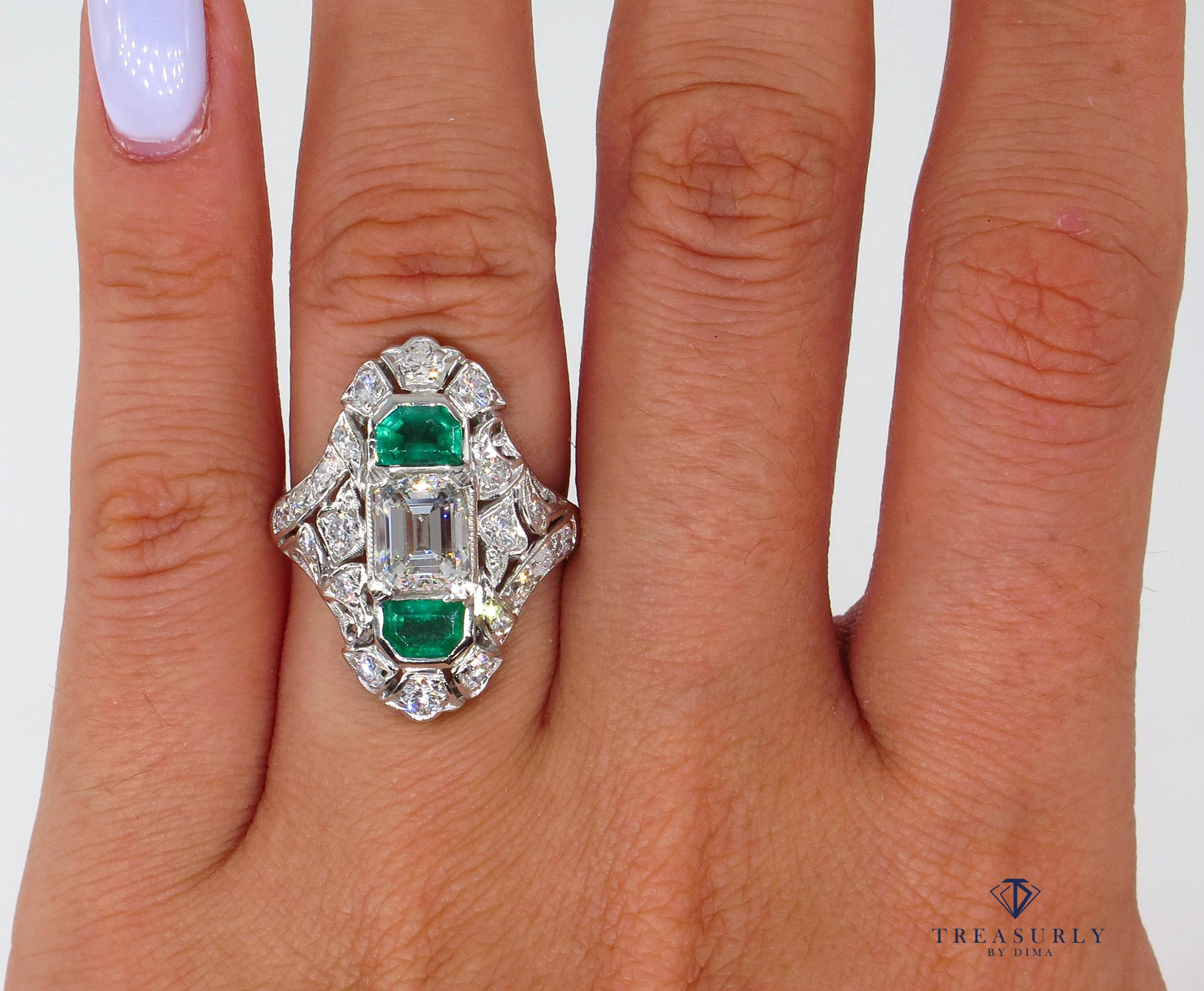 GIA 4.0 Carat Emerald Cut Diamond and Green Emeralds Platinum Art Nouveau Ring 8