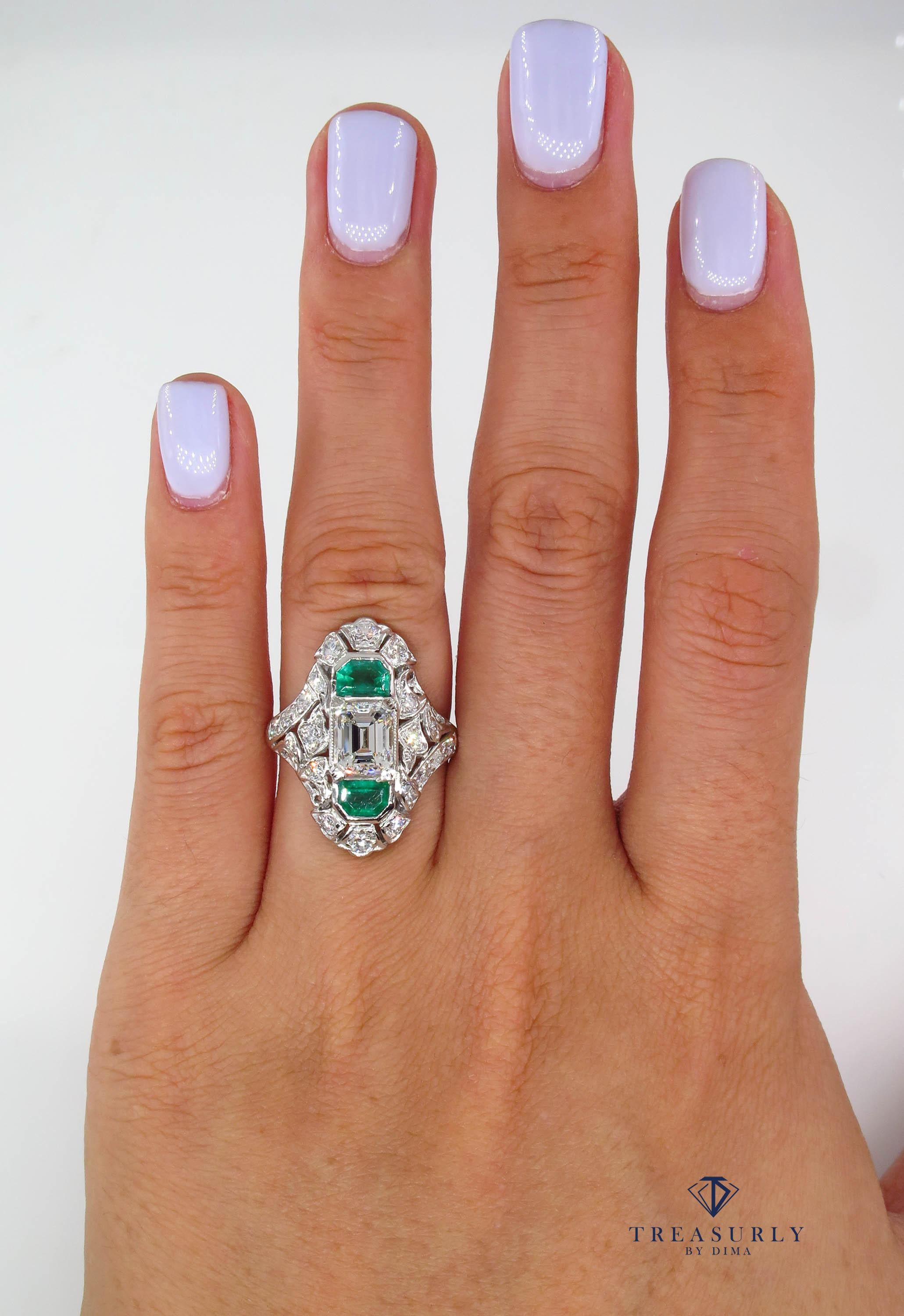 GIA 4.0 Carat Emerald Cut Diamond and Green Emeralds Platinum Art Nouveau Ring 9