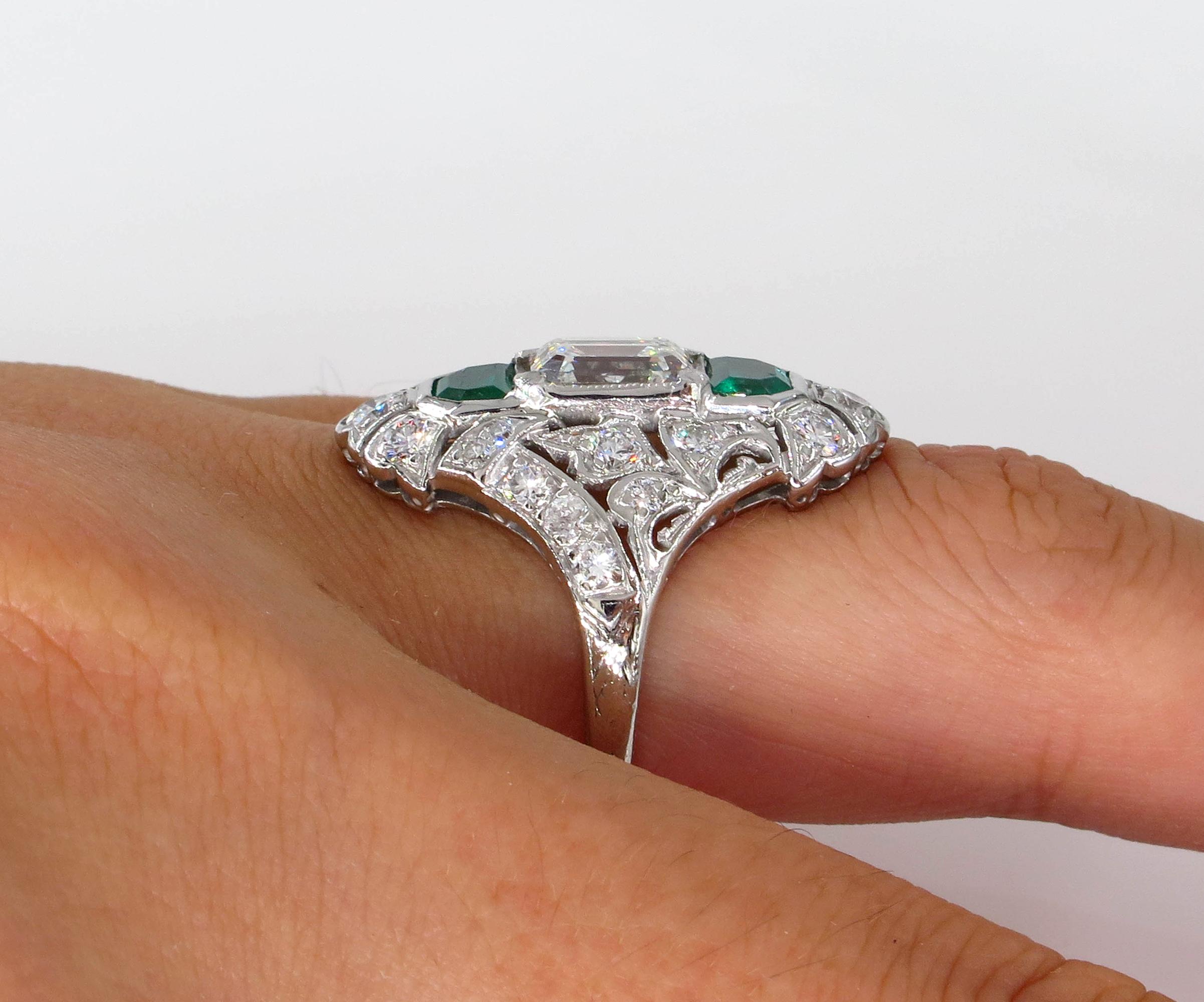GIA 4.0 Carat Emerald Cut Diamond and Green Emeralds Platinum Art Nouveau Ring 10