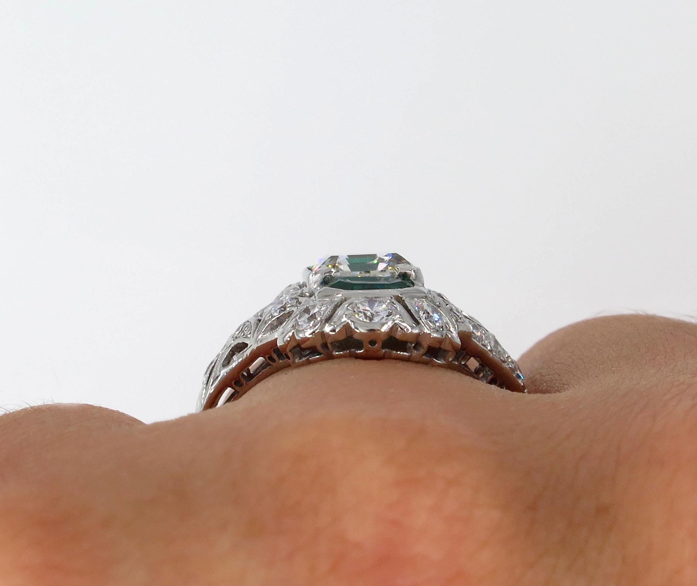 GIA 4.0 Carat Emerald Cut Diamond and Green Emeralds Platinum Art Nouveau Ring 11
