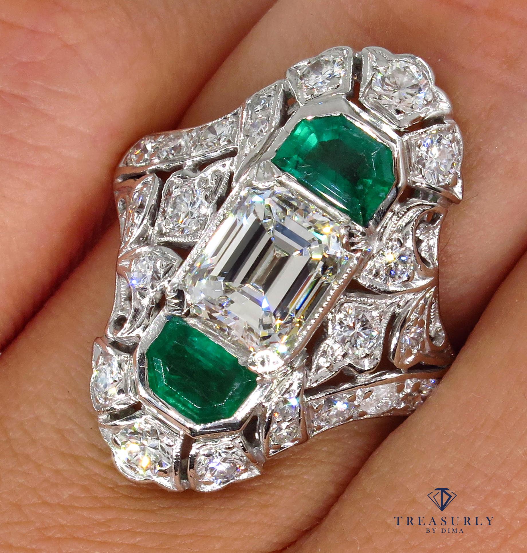 GIA 4.0 Carat Emerald Cut Diamond and Green Emeralds Platinum Art Nouveau Ring In Good Condition In New York, NY