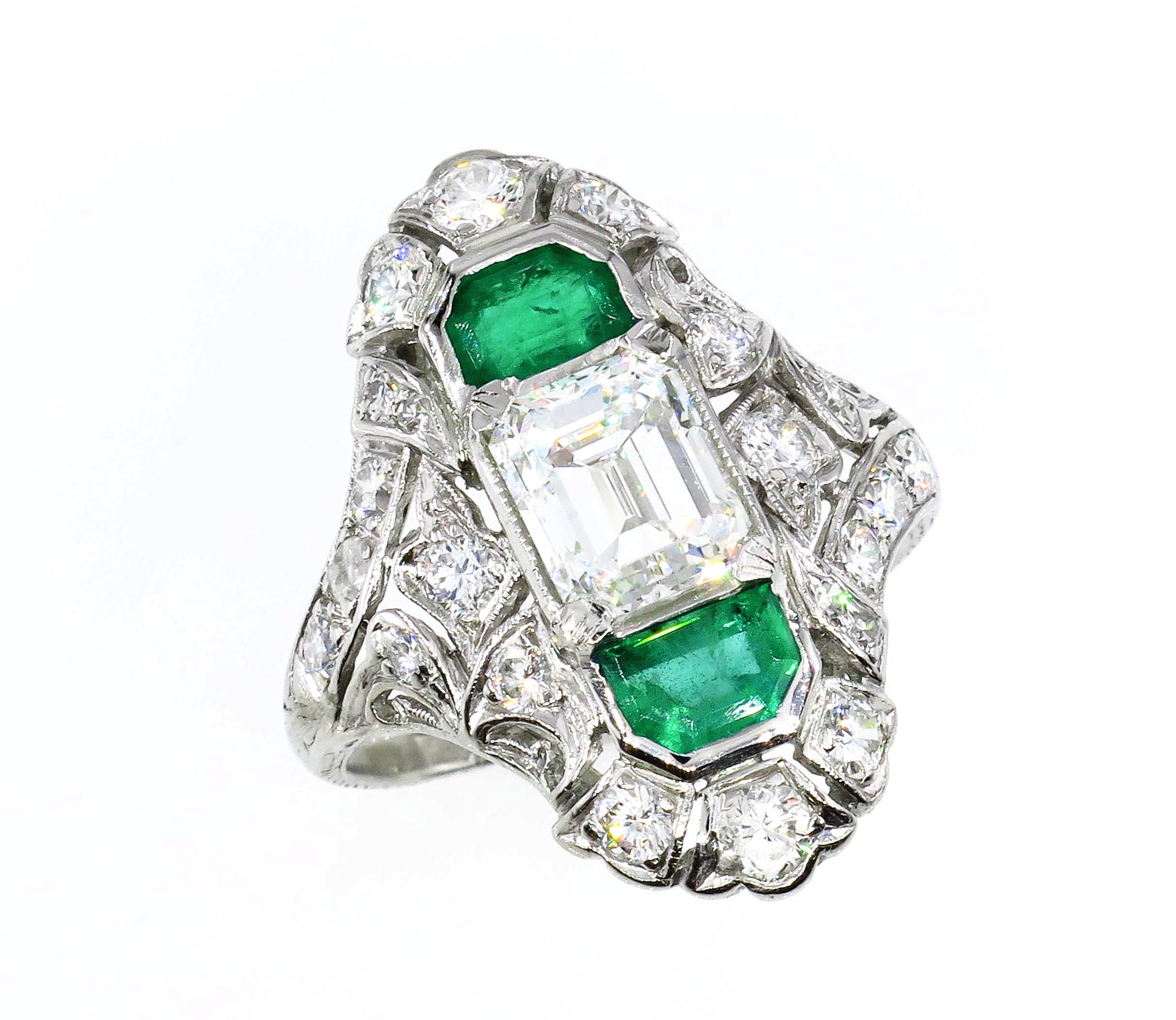 GIA 4.0 Carat Emerald Cut Diamond and Green Emeralds Platinum Art Nouveau Ring 1