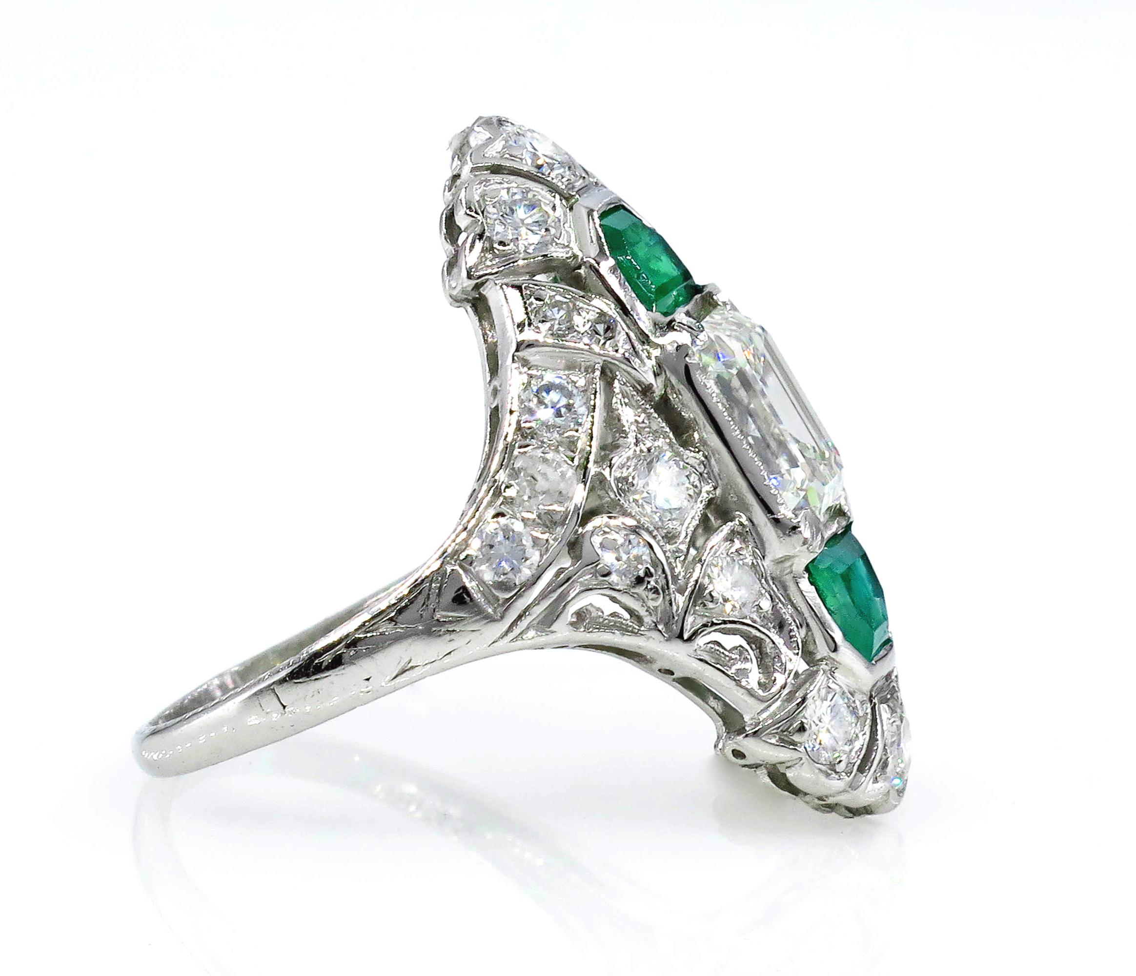 GIA 4.0 Carat Emerald Cut Diamond and Green Emeralds Platinum Art Nouveau Ring 2