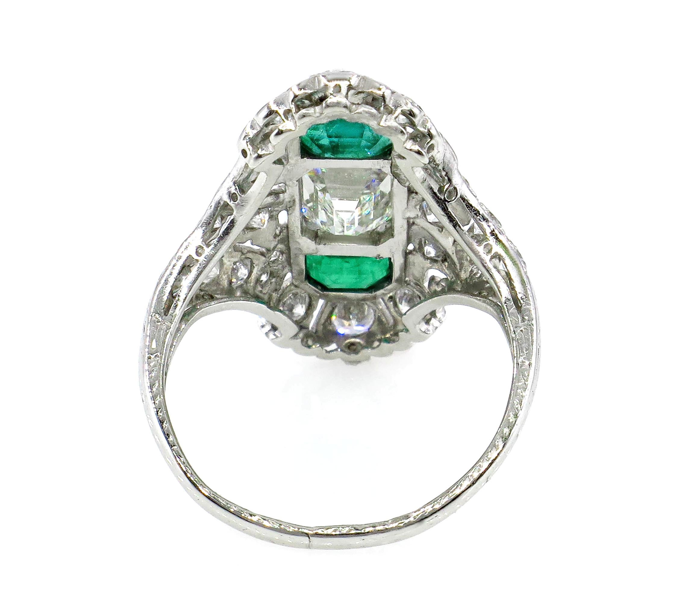 GIA 4.0 Carat Emerald Cut Diamond and Green Emeralds Platinum Art Nouveau Ring 3