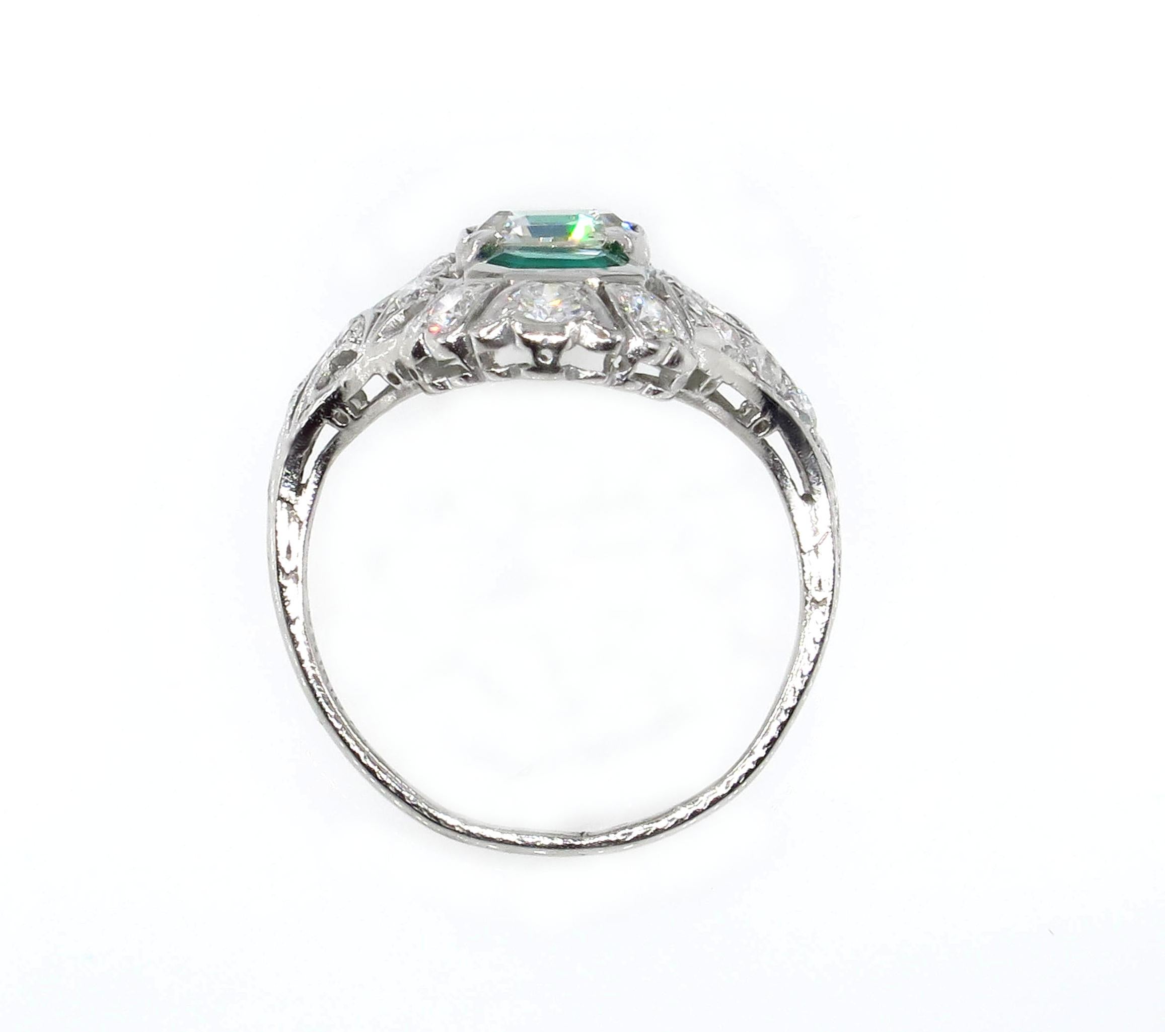 GIA 4.0 Carat Emerald Cut Diamond and Green Emeralds Platinum Art Nouveau Ring 4