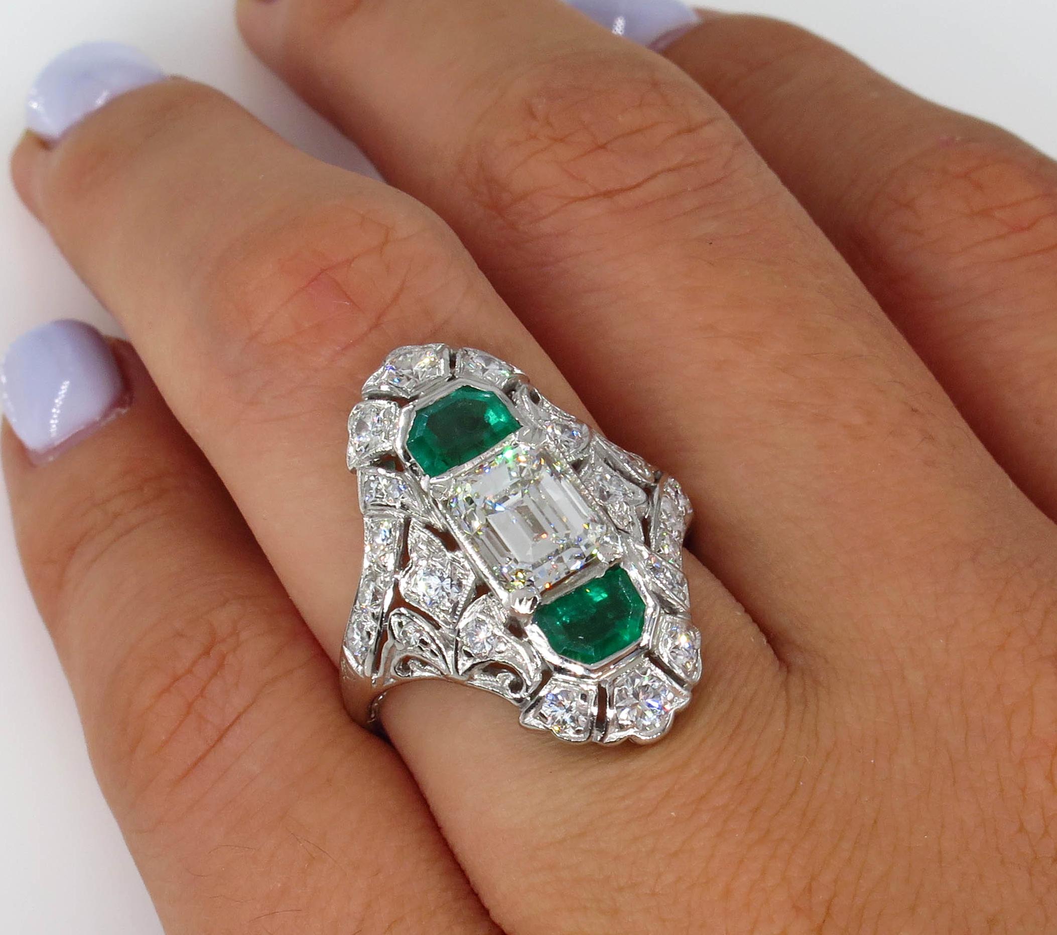 GIA 4.0 Carat Emerald Cut Diamond and Green Emeralds Platinum Art Nouveau Ring 5