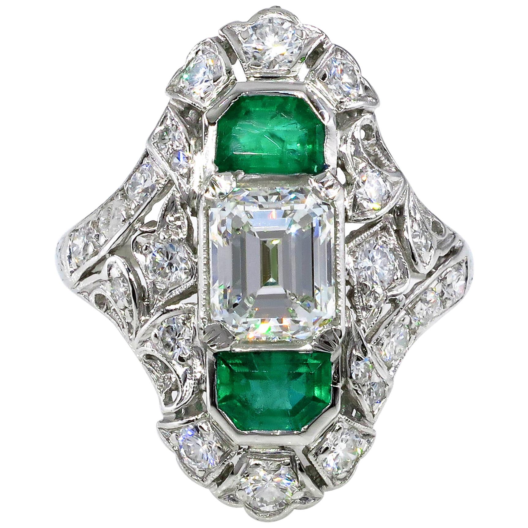 GIA 4.0 Carat Emerald Cut Diamond and Green Emeralds Platinum Art Nouveau Ring