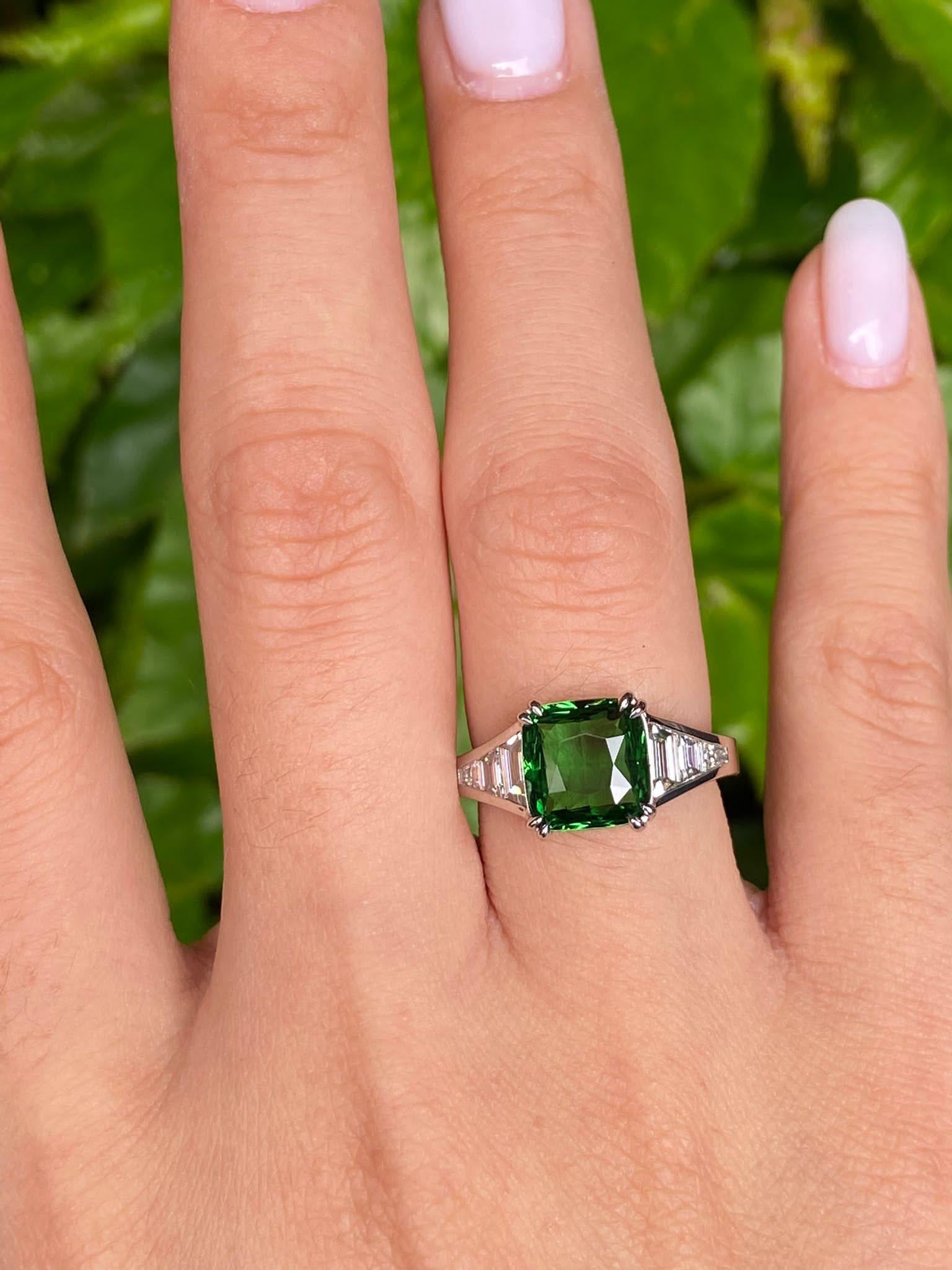 GIA 4.0ctw Natural Vivid Green Tsavorite Cushion & Diamonds Platinum Ring 7