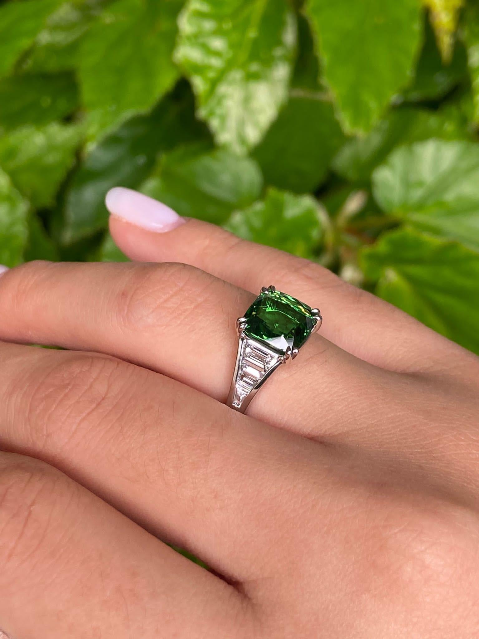 GIA 4.0ctw Natural Vivid Green Tsavorite Cushion & Diamonds Platinum Ring 9