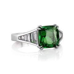 GIA 4.0ctw Natural Vivid Green Tsavorite Cushion & Diamonds Platinum Ring