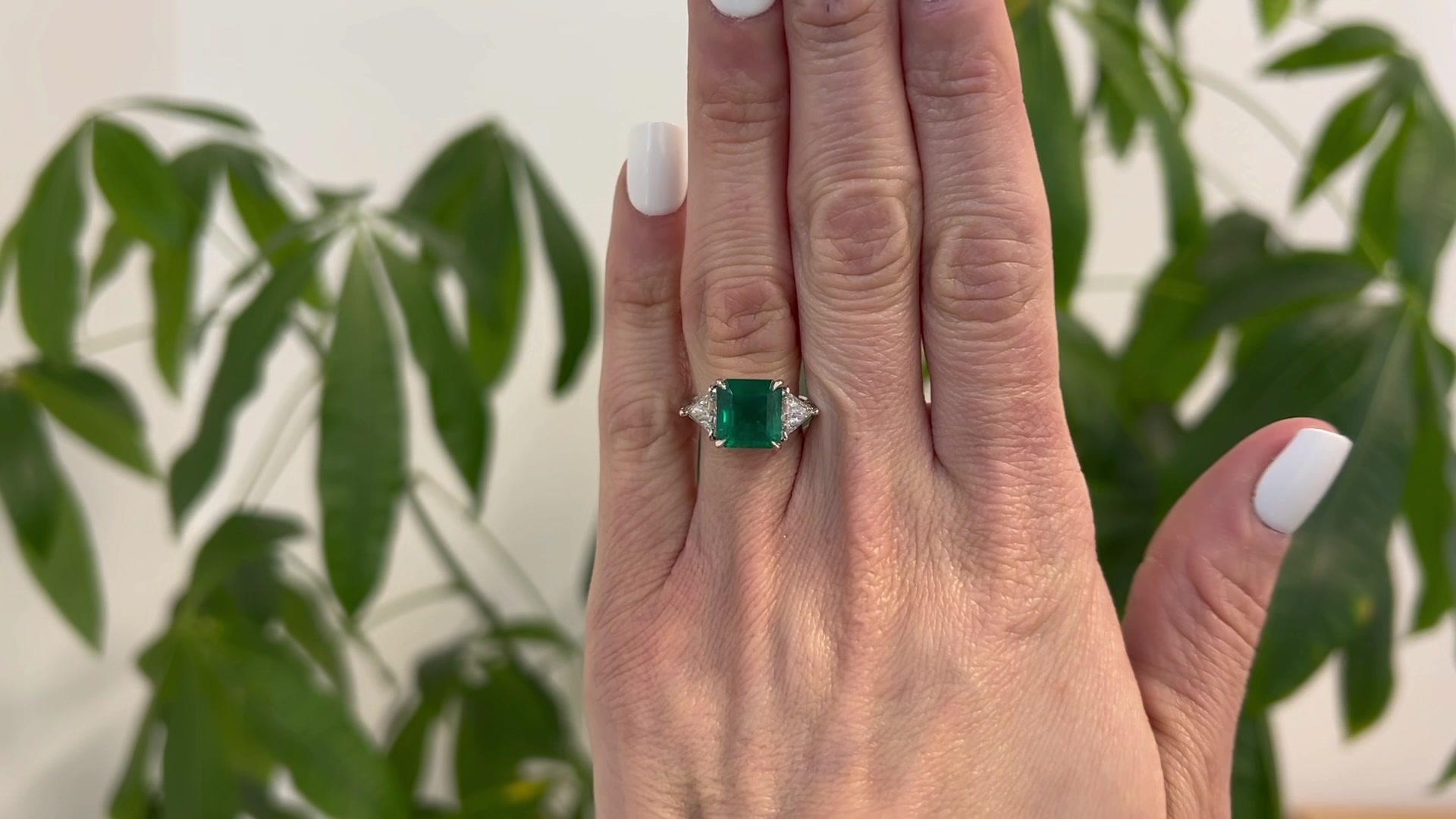 Octagon Cut Gia 4.10 Carats Colombian Emerald Diamond Three Stone Ring