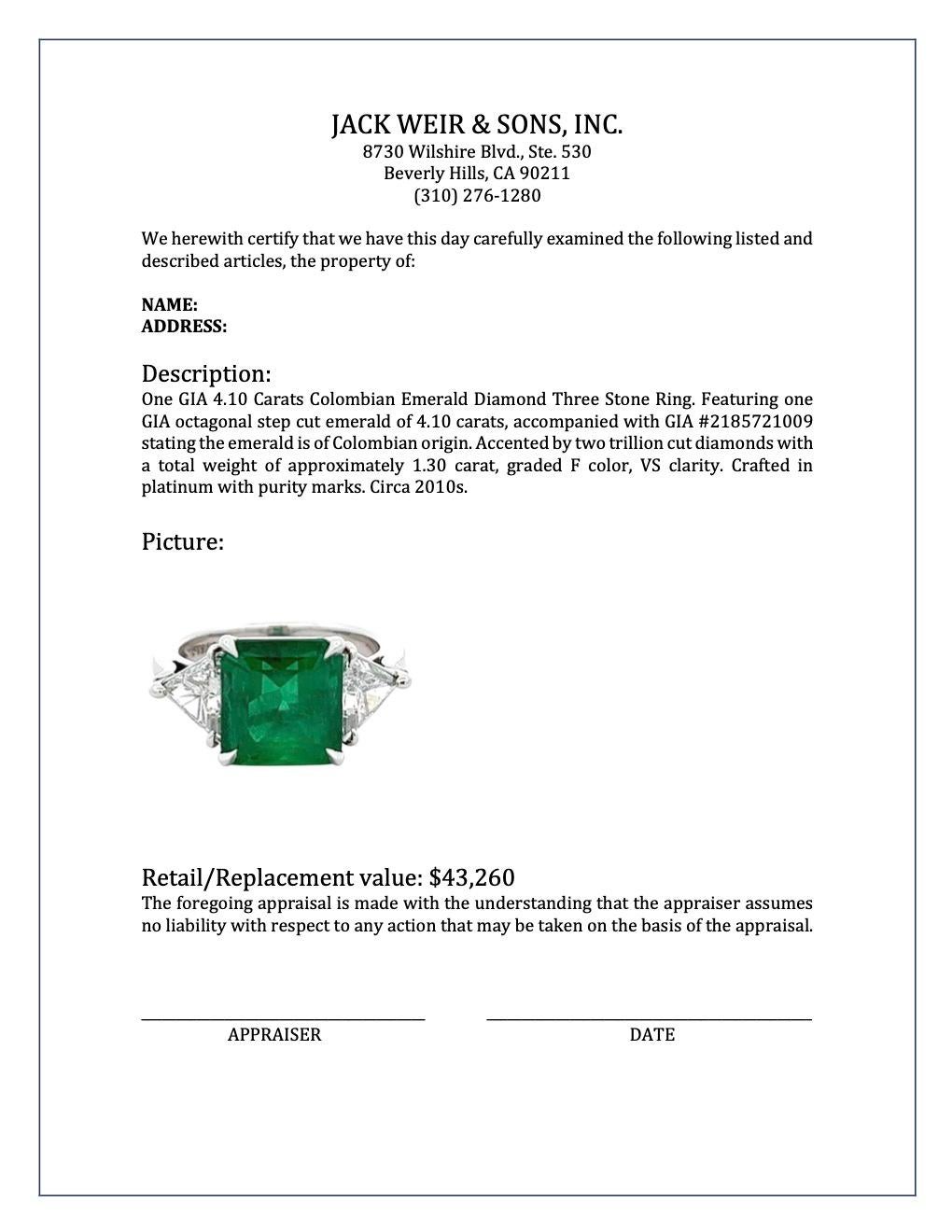 Gia 4.10 Carats Colombian Emerald Diamond Three Stone Ring 3
