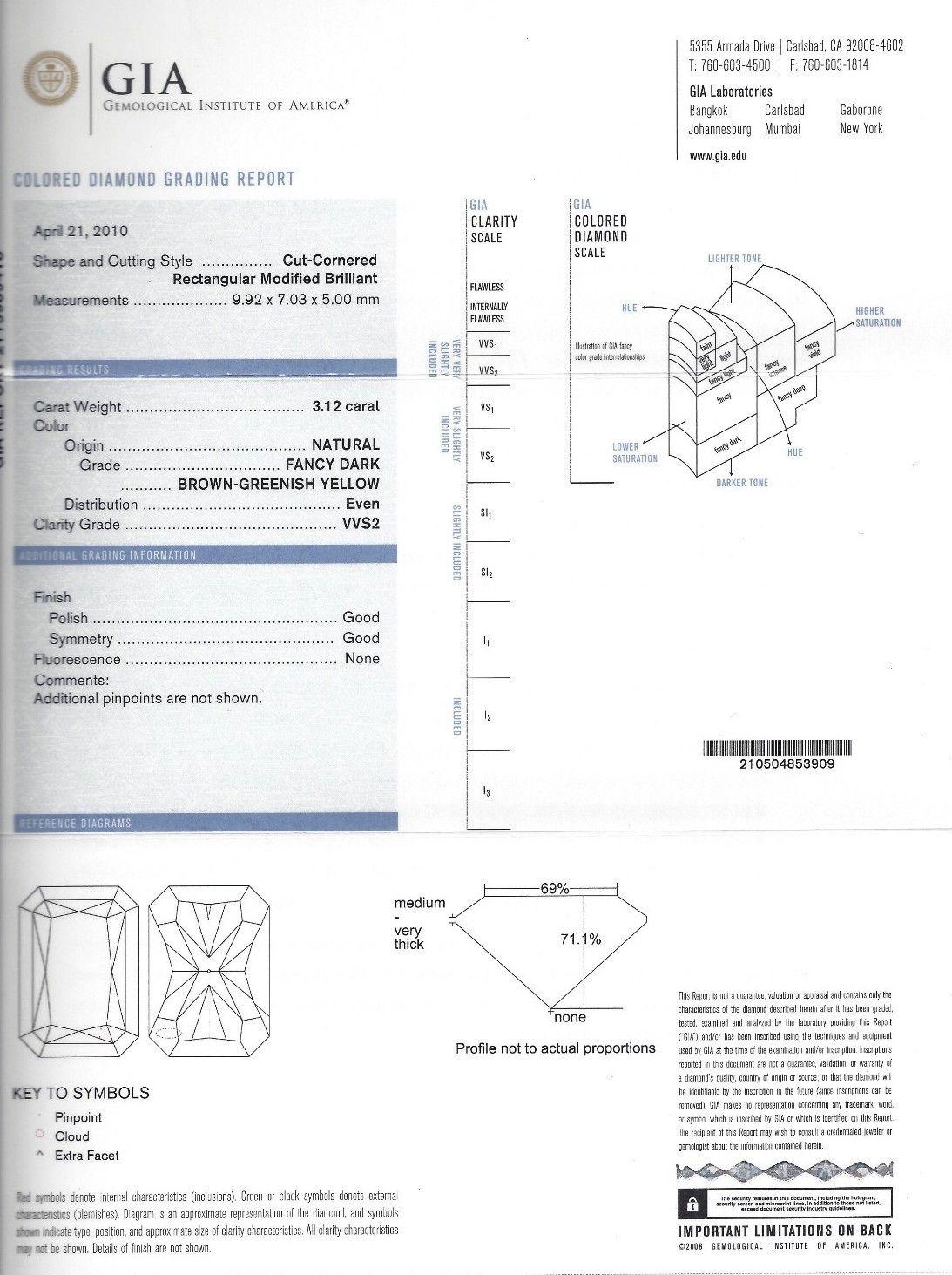 GIA 3.12ct. Radiant cut diamond & 1.00ct. diamonds ring.

 Report: 215989418

Brownish Greenish Yellow 

VVS-2 clarity

(GIA Report attached)



.50ct. marquise diamonds & .50ct baguettes.

H color,  Si-1 clarity.

Platinum

8.5 grams.

current ring