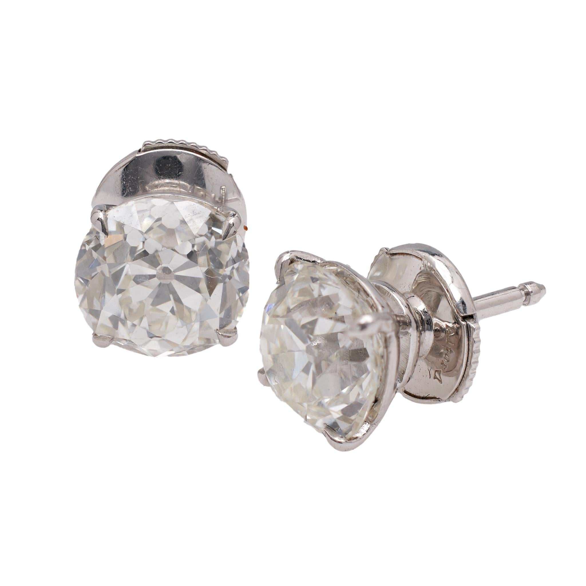 Women's or Men's GIA 4.12 Carat Total Weight Old European Diamond 18k White Gold Stud Earrings For Sale