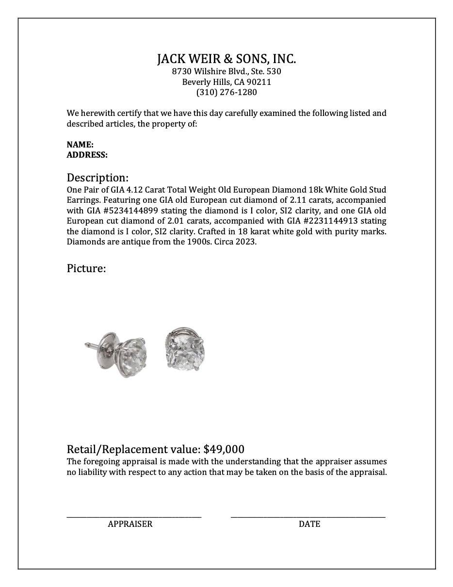 GIA 4.12 Carat Total Weight Old European Diamond 18k White Gold Stud Earrings For Sale 3