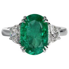 GIA 4.14 Carat Estate Colombian Green Oval Emerald Diamond 3-Stone Ring