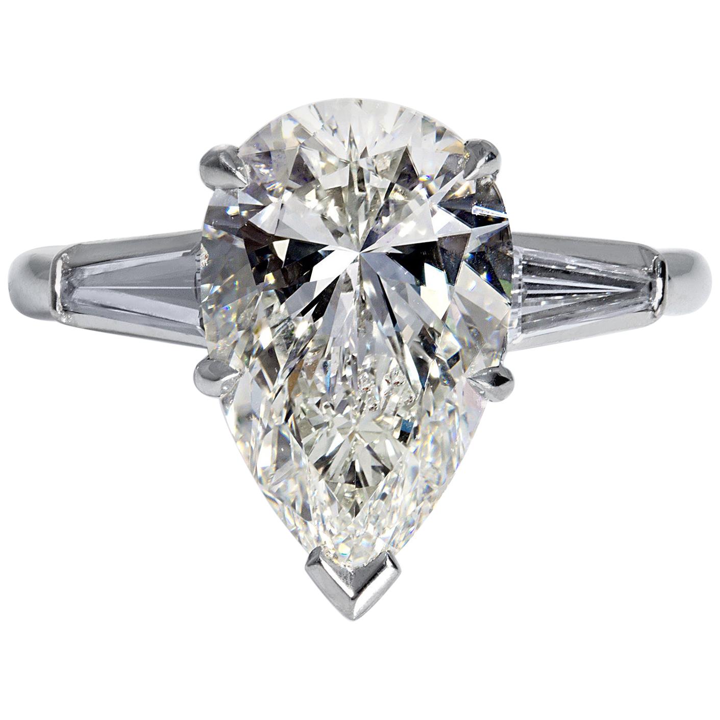 GIA 4.14 Carat Estate Vintage Pear Shaped Three-Stone Diamond Platinum Ring