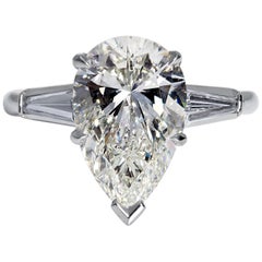 GIA 4.14 Carat Estate Vintage Pear Shaped Three-Stone Diamond Platinum Ring