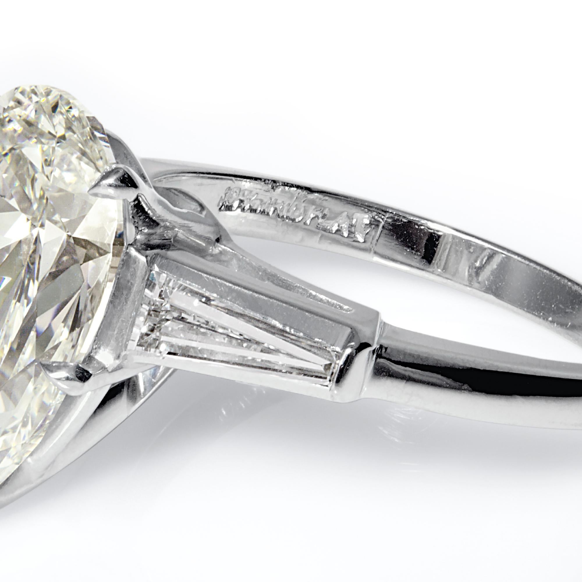 GIA 4.14 Carat Estate Vintage Pear Shaped Three-Stone Diamond Platinum Ring 1