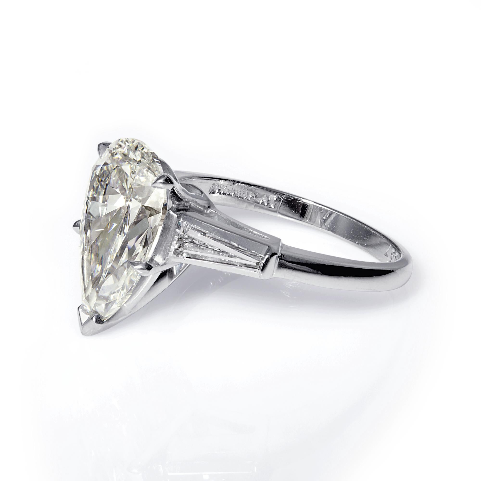 Pear Cut GIA 4.14 Carat Estate Vintage Pear Shaped Three-Stone Diamond Platinum Ring