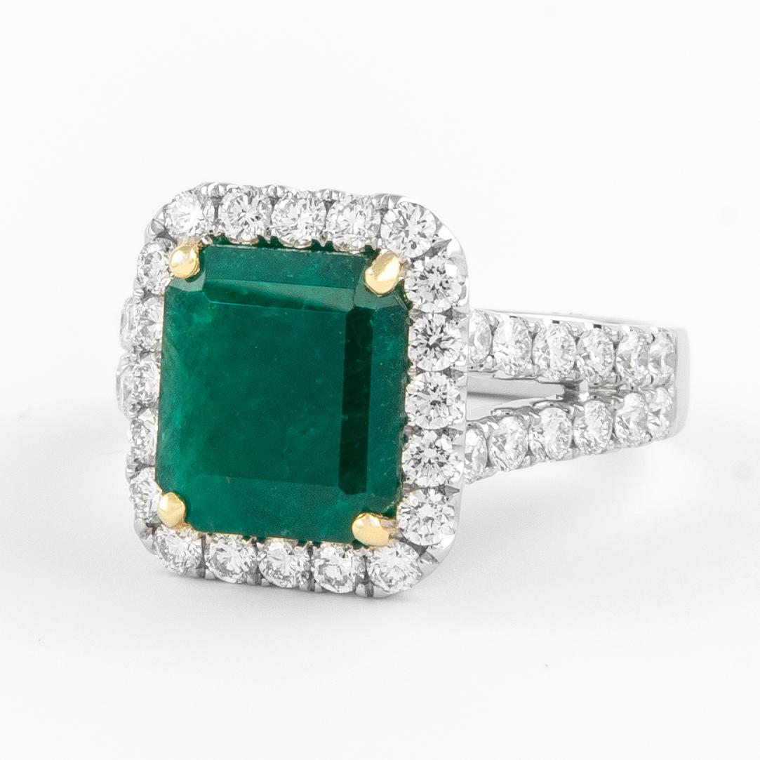 Emerald Cut GIA 4.15 Carat Emerald and Diamond Halo Ring 18k Gold For Sale
