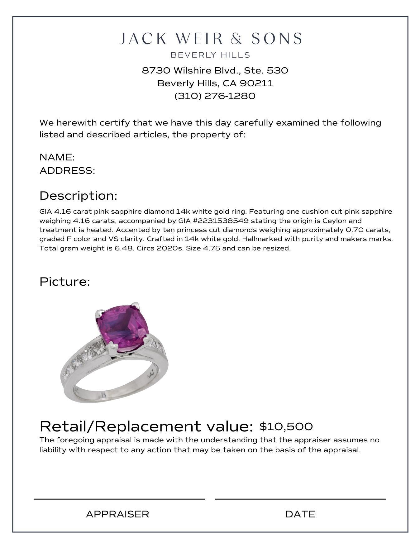 GIA 4,16 Karat rosa Saphir-Diamant-Ring aus 14k Weißgold Damen im Angebot