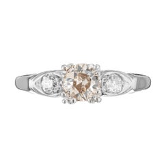 GIA .42 Carat Brown Diamond Three-Stone Platinum Art Deco Engagement Ring