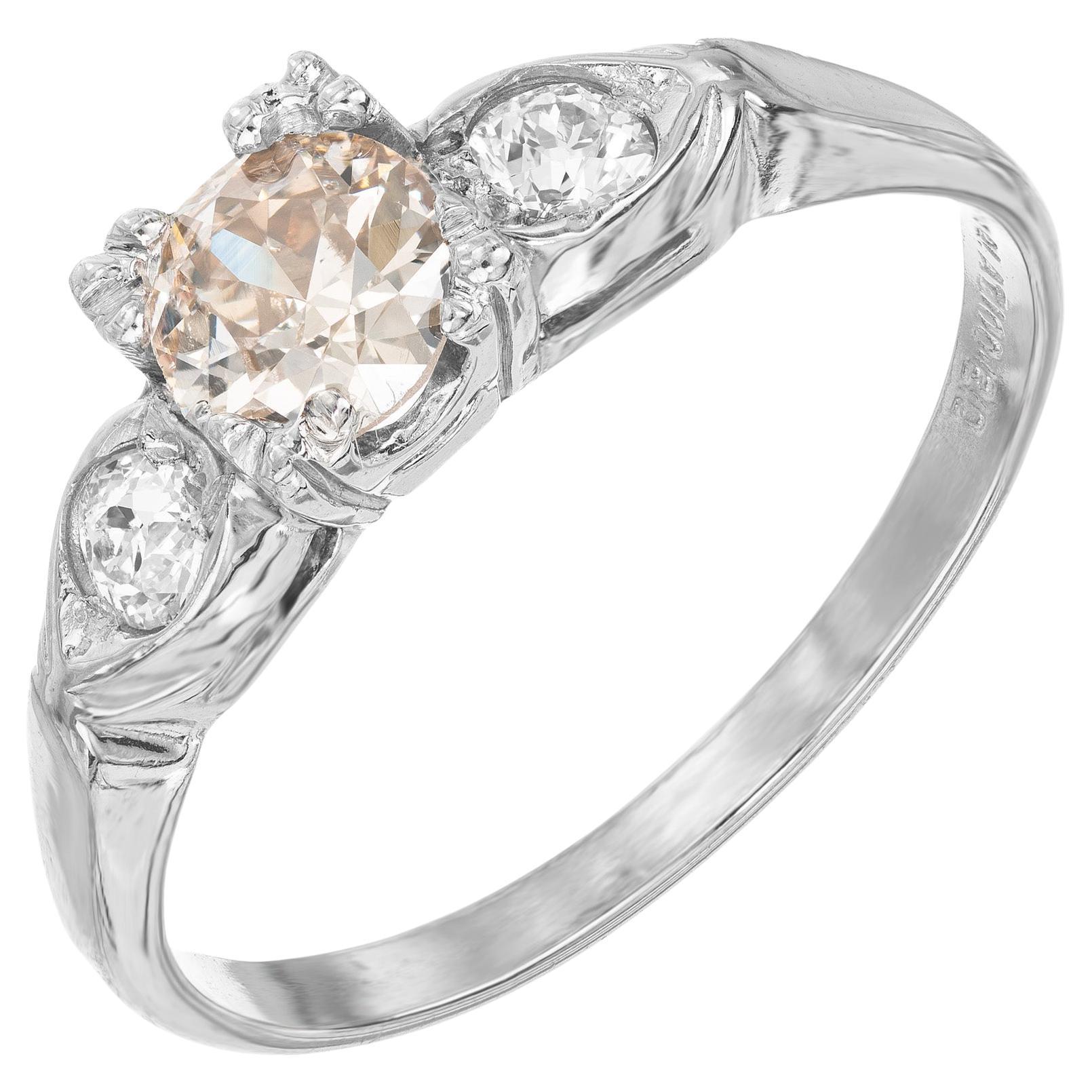GIA .42 Carat Brown Diamond Three-Stone Platinum Art Deco Engagement Ring