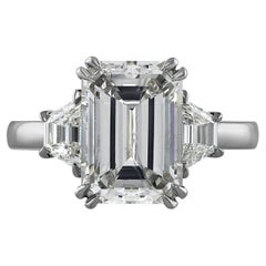GIA 4.29ct Emerald Cut & Trapezoids 3 Stone Diamond Engagement Platinum Ring