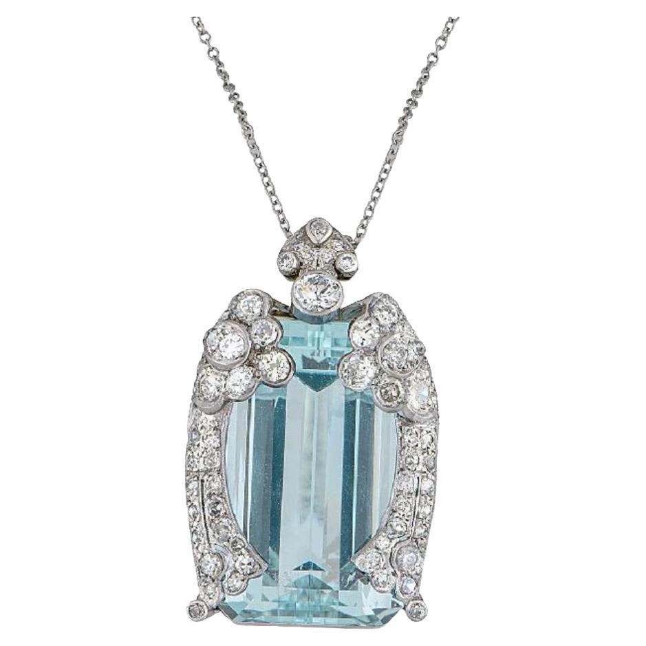 GIA 43 carat Aquamarine and Diamond Vintage Pendant Necklace in Platinum