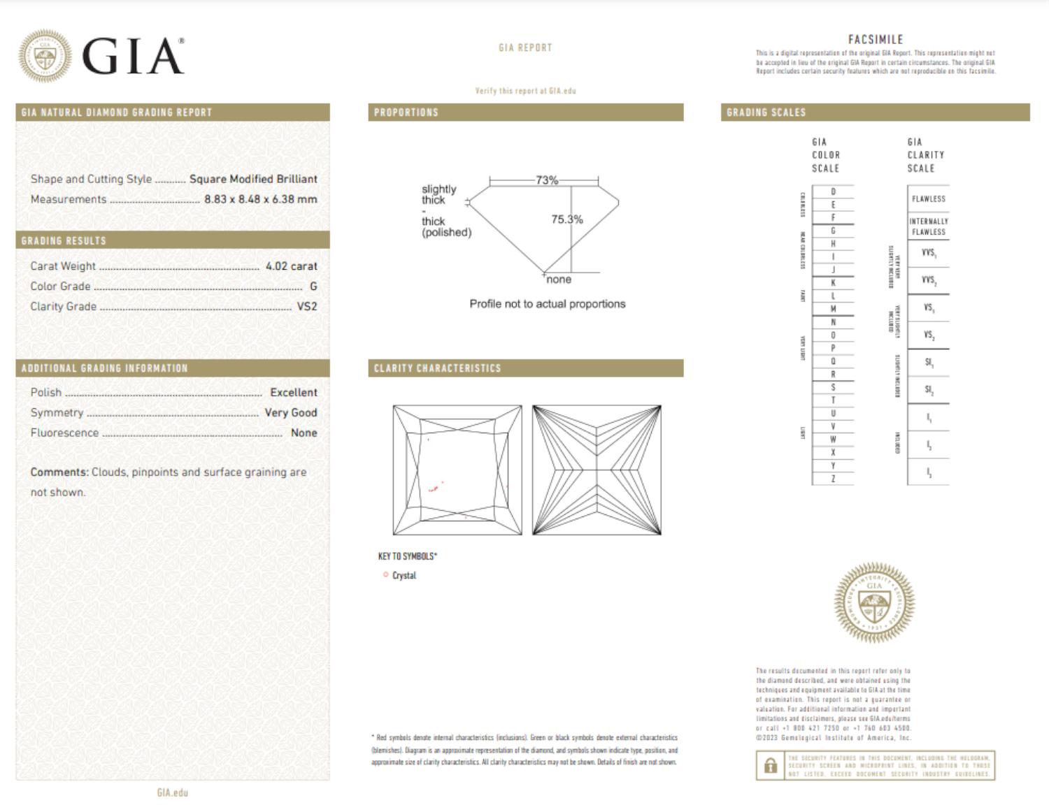 GIA 4 Carat Princess Cut G VS2 Diamond Gold Ring In New Condition For Sale In Chicago, IL
