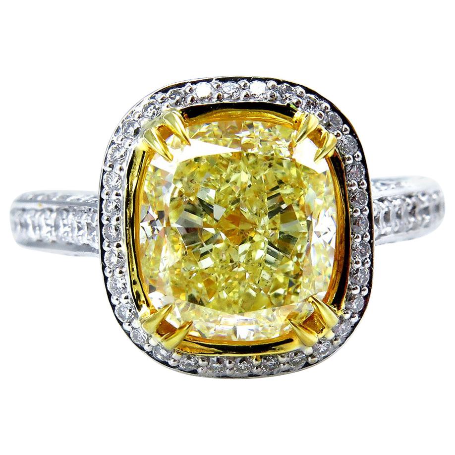 GIA 4.32 Carat Natural Fancy Yellow Cushion Diamond Solitaire Gold Ring