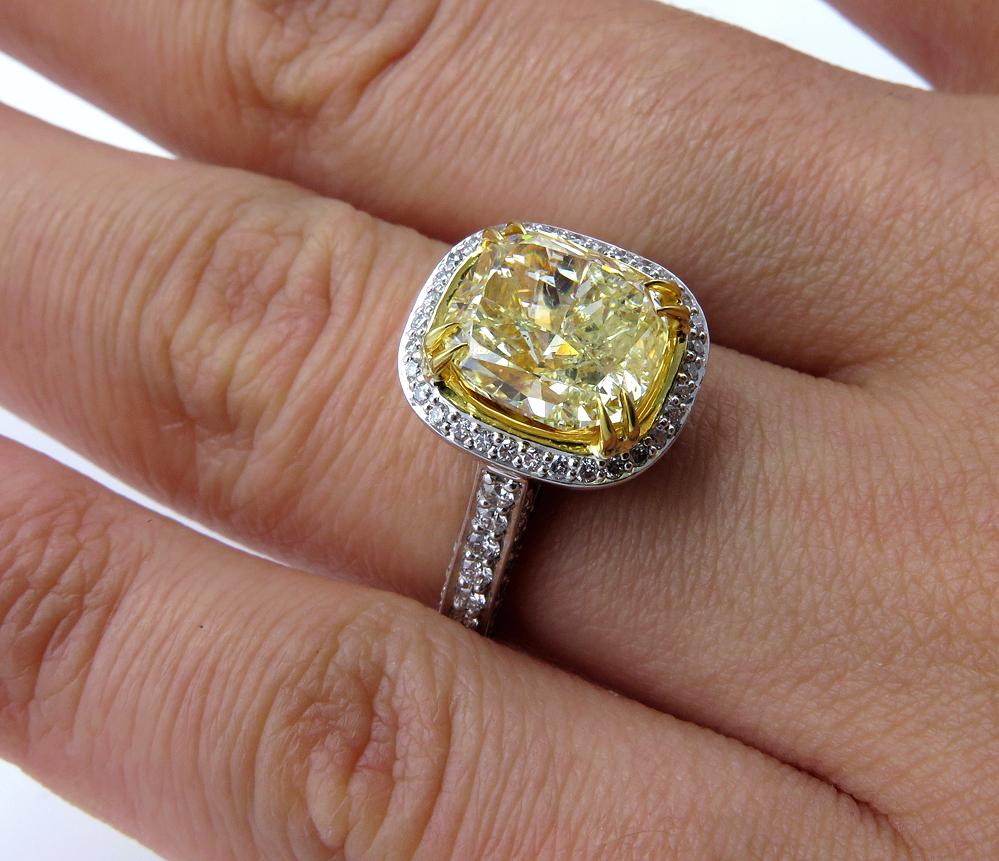 GIA 4.32 Carat Natural Fancy Yellow Cushion Diamond Solitaire Gold Ring 5