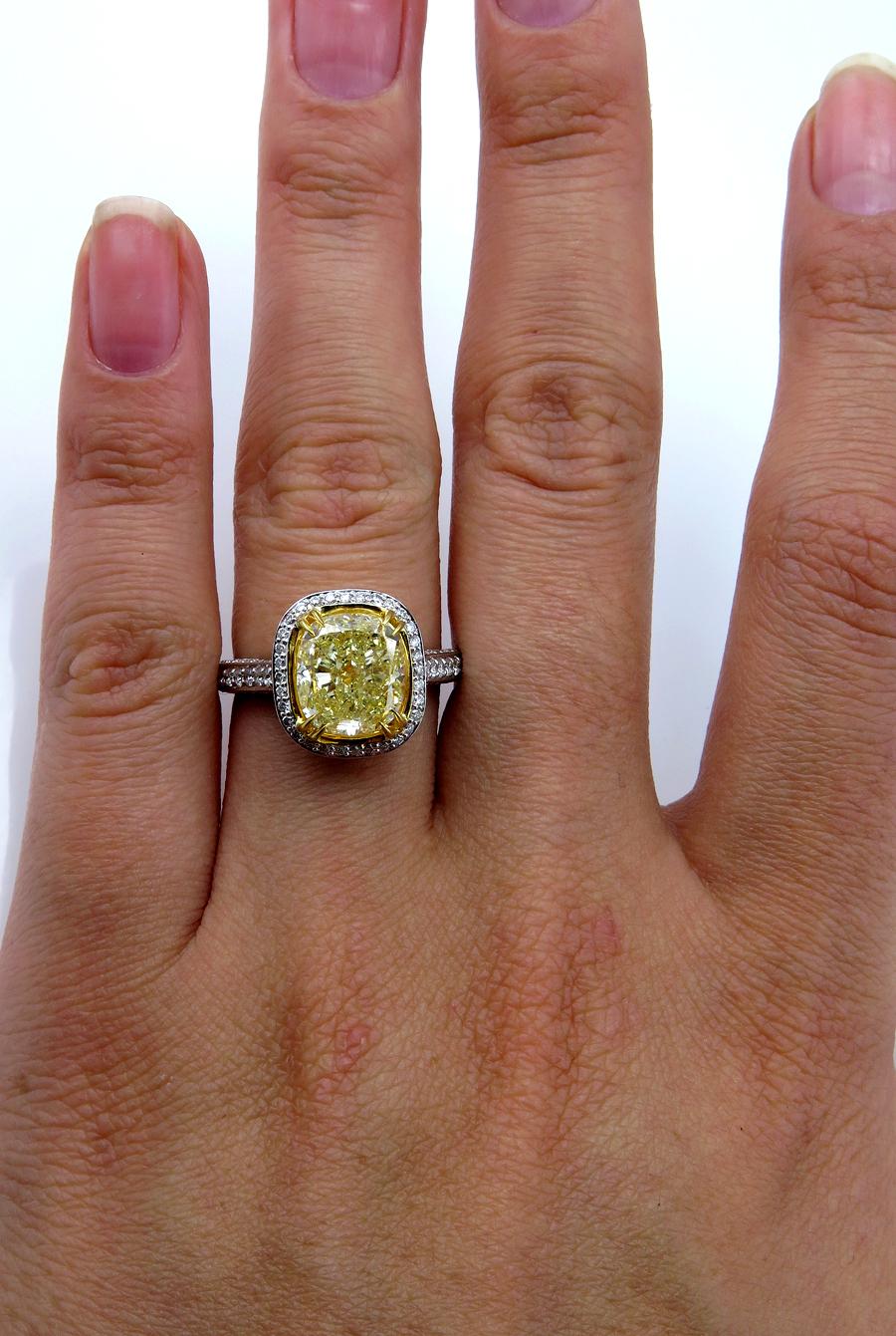 GIA 4.32 Carat Natural Fancy Yellow Cushion Diamond Solitaire Gold Ring 6