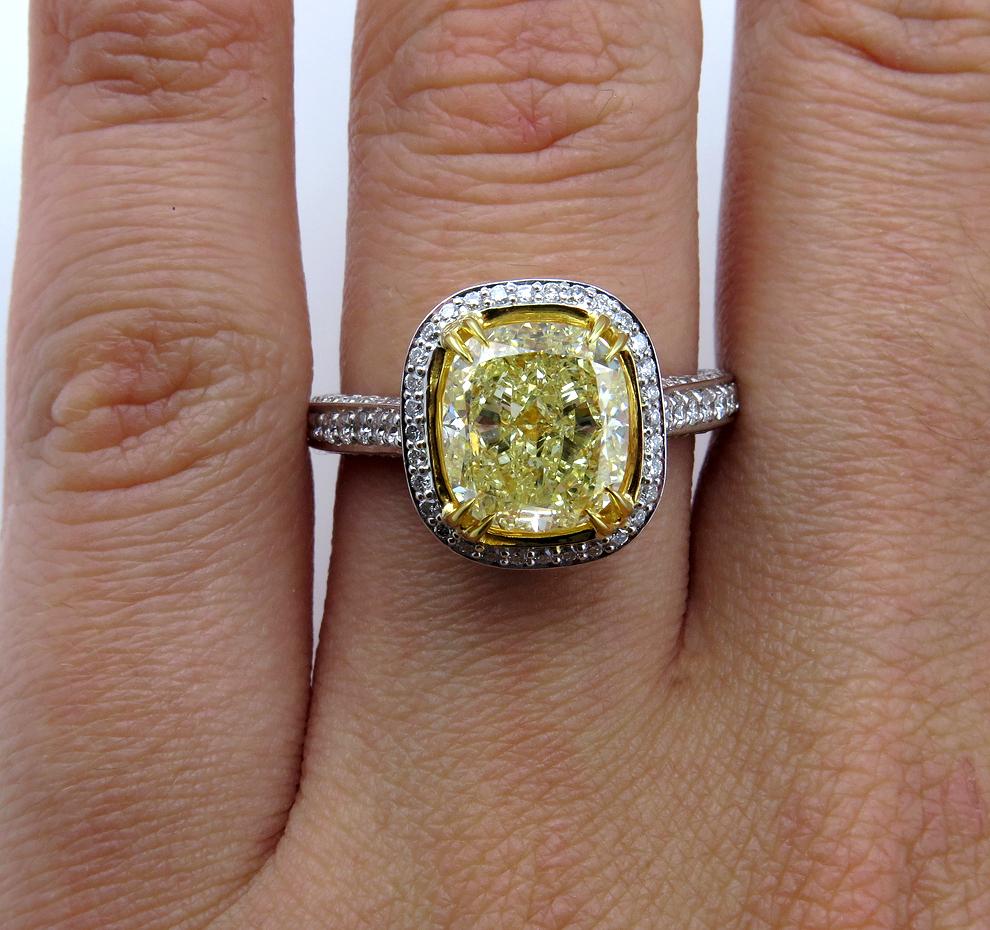 GIA 4.32 Carat Natural Fancy Yellow Cushion Diamond Solitaire Gold Ring 7