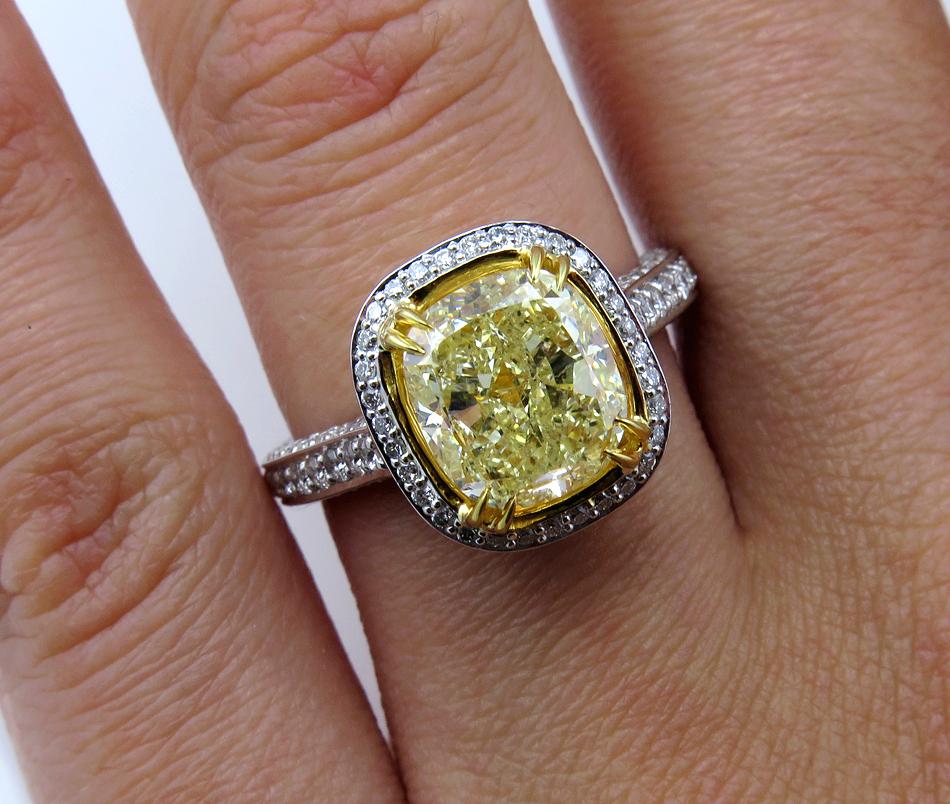 GIA 4.32 Carat Natural Fancy Yellow Cushion Diamond Solitaire Gold Ring 8