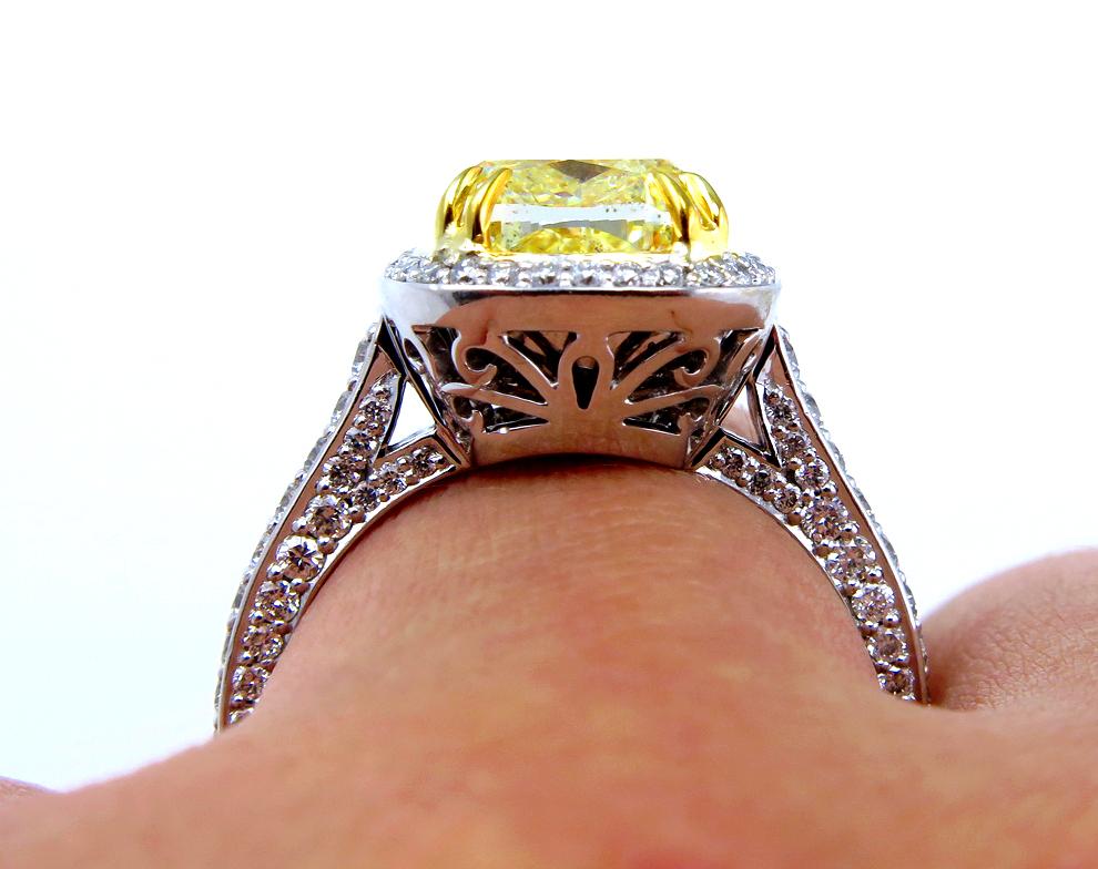 GIA 4.32 Carat Natural Fancy Yellow Cushion Diamond Solitaire Gold Ring 9