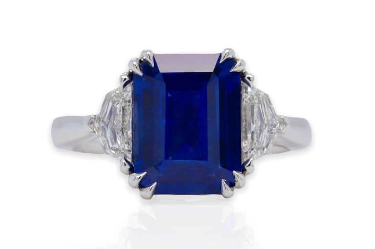 GIA 4.38 Carat Emerald Cut Fine Ceylon Sapphire Ring & Epaulette Side Stones  3