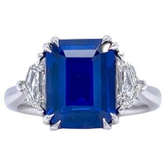 GIA 4.38 Carat Emerald Cut Fine Ceylon Sapphire Ring & Epaulette Side Stones
