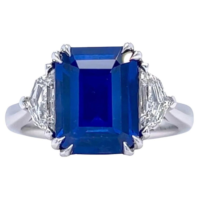 GIA 4.38 Carat Emerald Cut Fine Ceylon Sapphire Ring & Epaulette Side Stones 