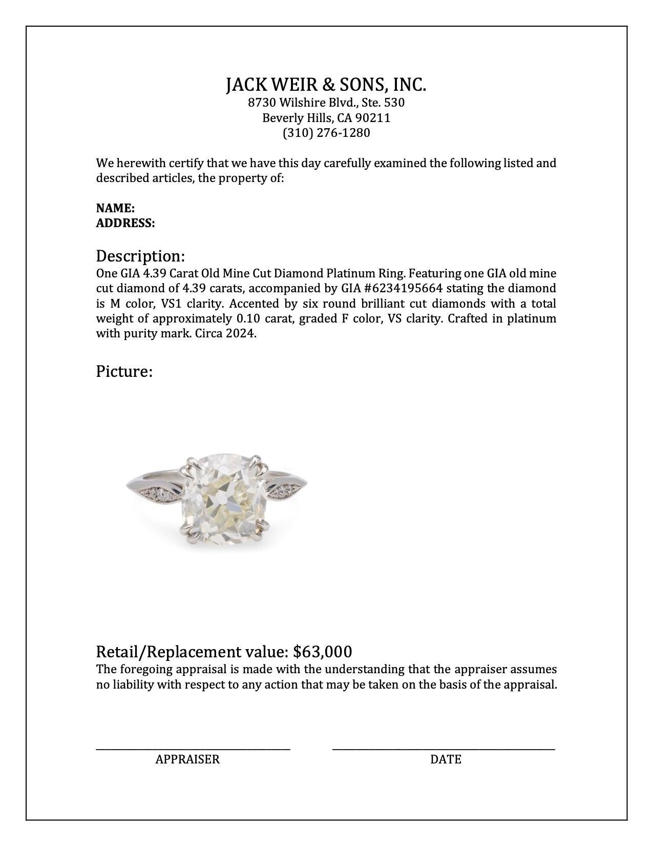GIA 4.39 Carat Old Mine Cut Diamond Platinum Ring For Sale 2