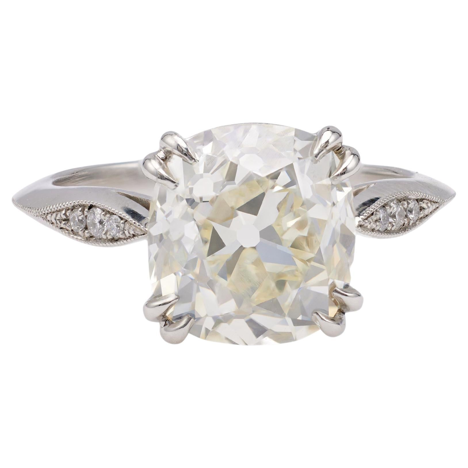 GIA 4.39 Carat Old Mine Cut Diamond Platinum Ring For Sale