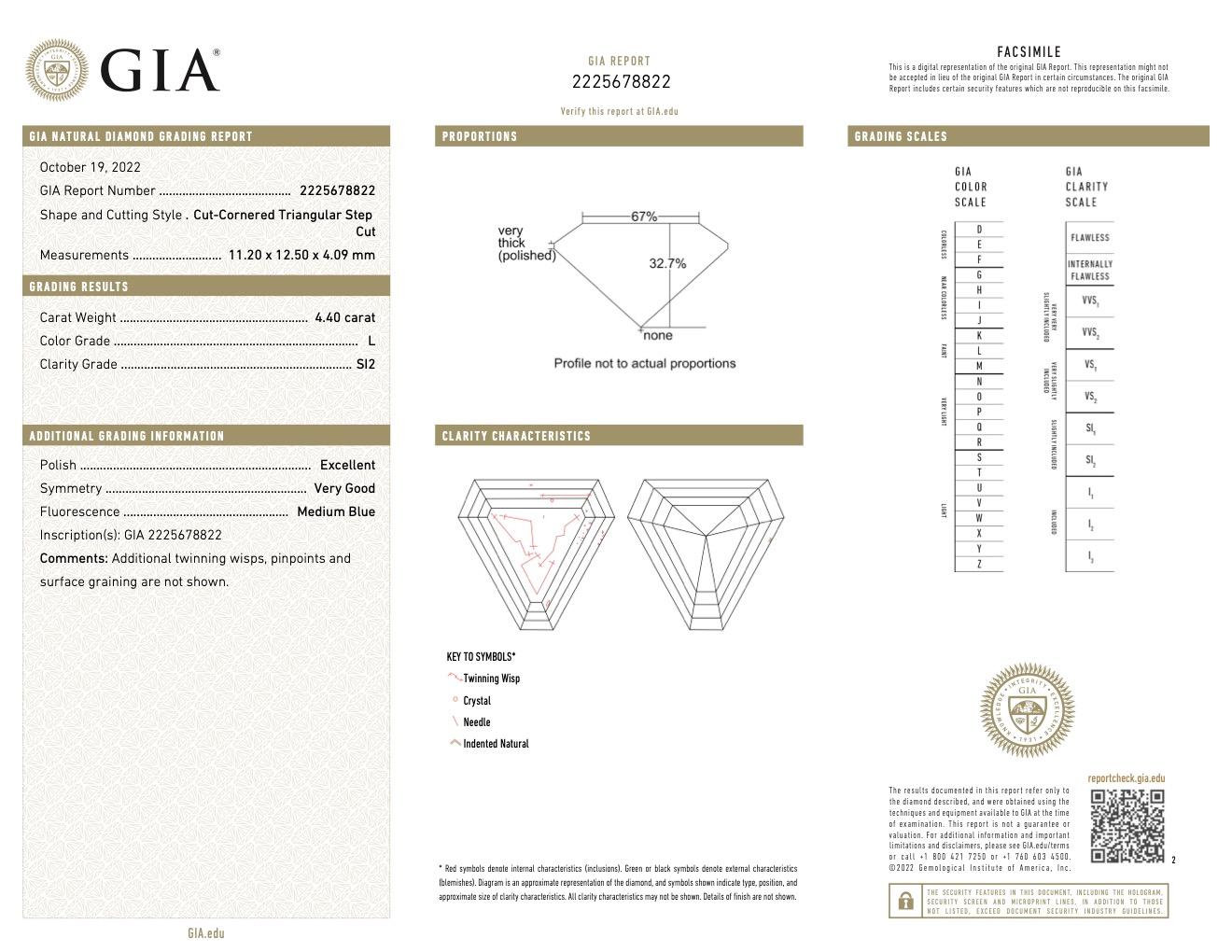 Platinring mit GIA 4,40 Karat Diamant im Dreieckschliff und Smaragd 2