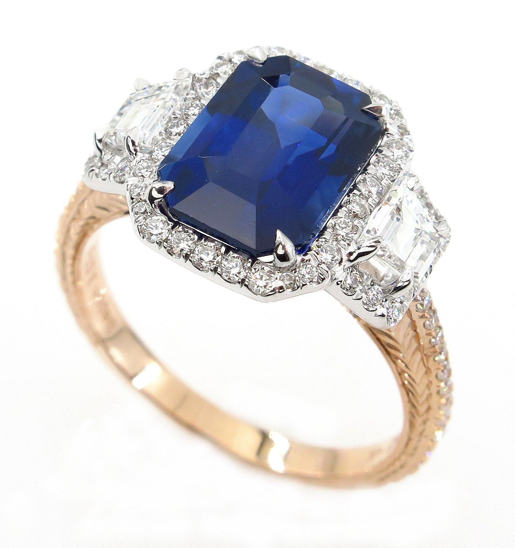 A SUPER fine Ring features a Gorgeous gem : 3.57 carat Natural CEYLON Emerald Cut Deep Blue Sapphire Measuring 9.89 x 7.09 x 5.22mm, bearing a recent GIA Certificate stating: Natural Sapphire, Clear with no visible imperfections and minor treatment